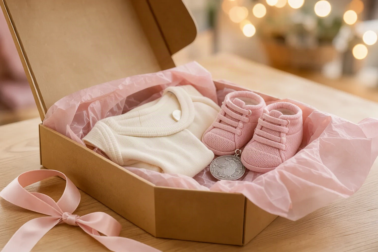 Coffret de naissance kraft ouvert avec vêtements, chaussons et médaille en argent