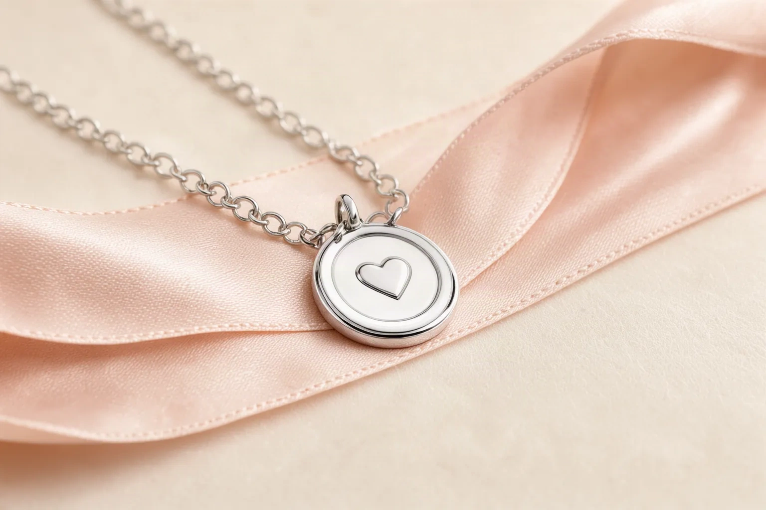Médaille en argent gravée posée sur un ruban rose