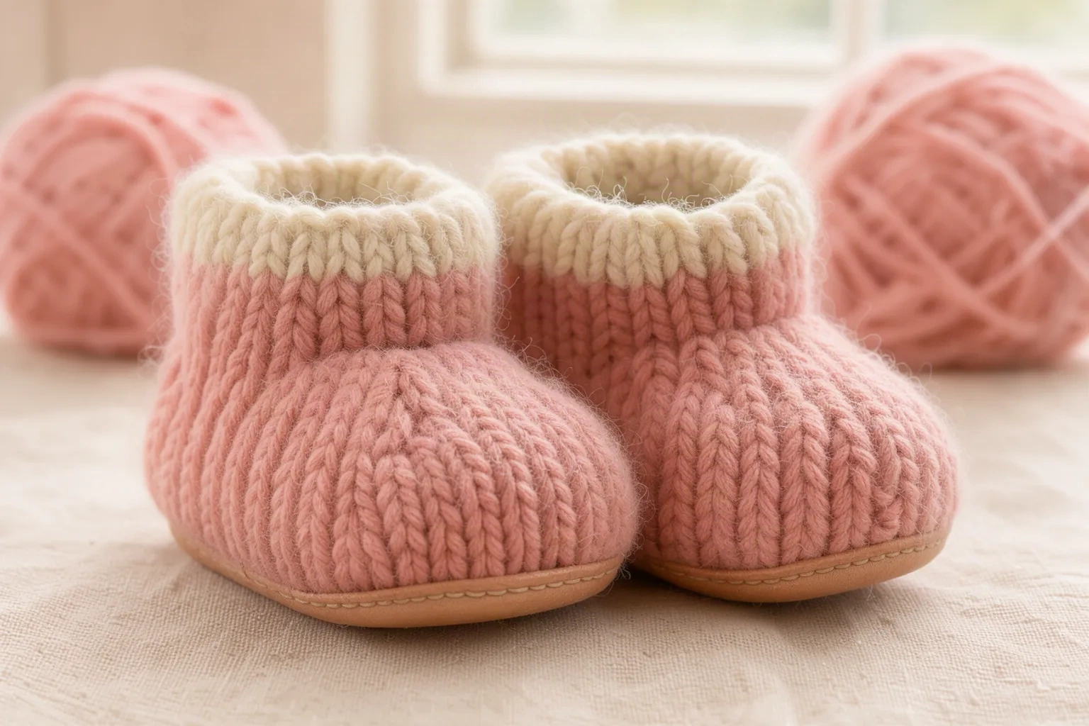 Paire de chaussons bébé tricotés en laine rose