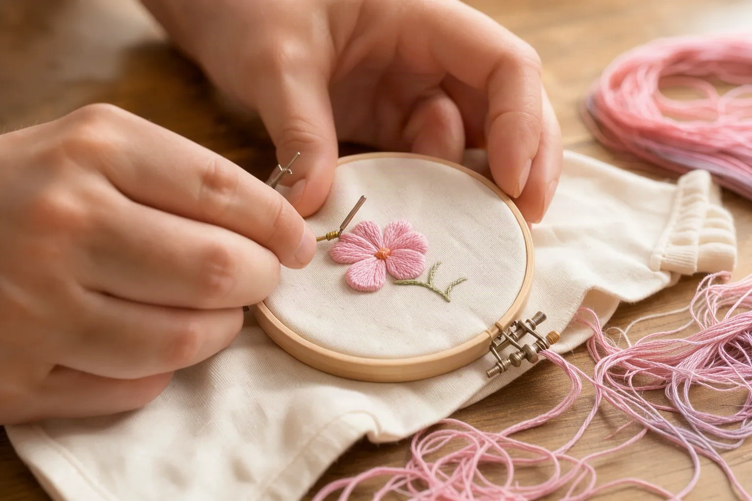 Broderie à la main dans l'atelier : fleur rose sur coton crème