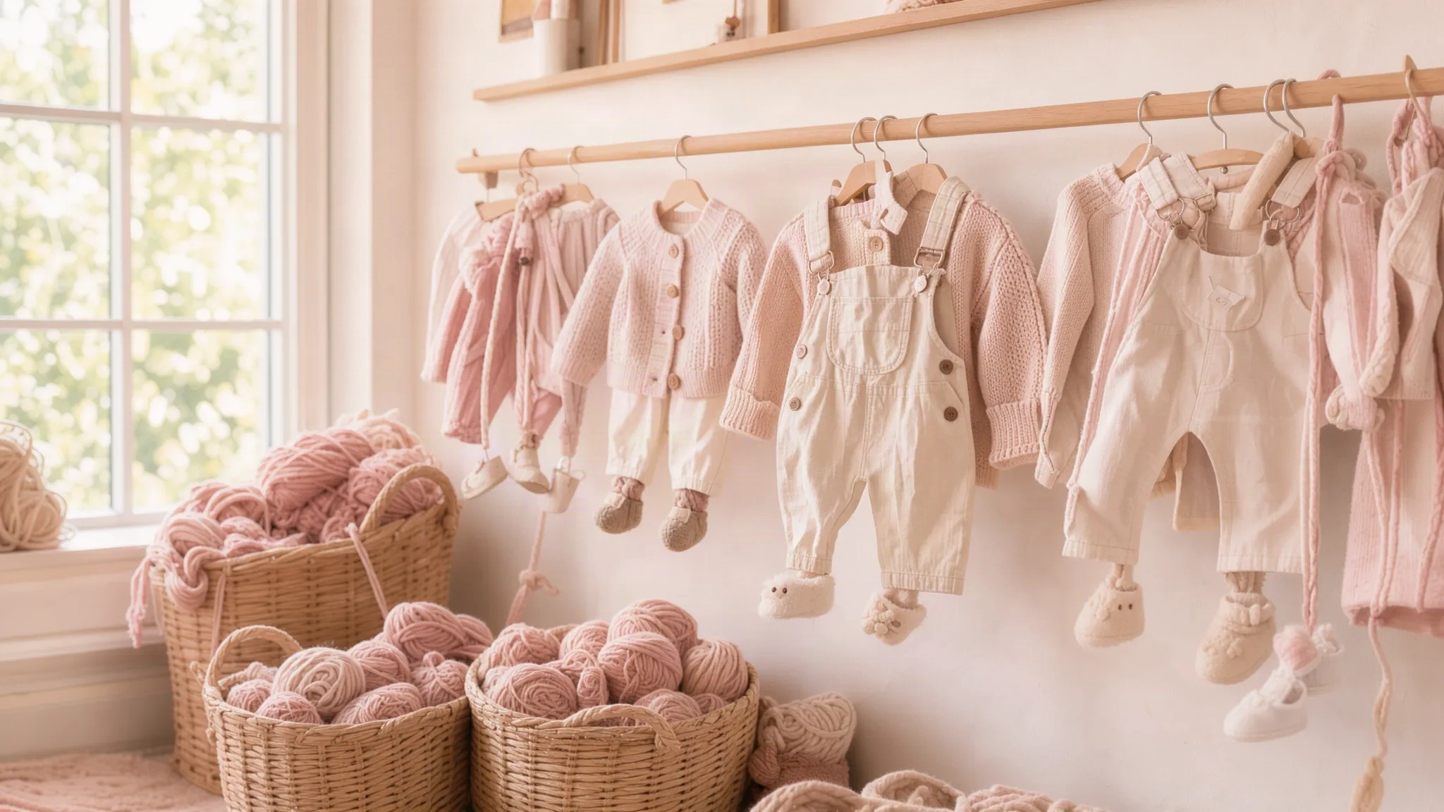 Petits vêtements faits main suspendus dans l'atelier aux tons roses et crème